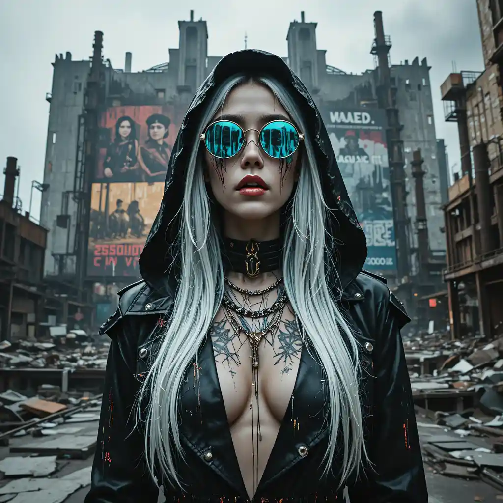Cyberpunk heroine before a fractured industrial cathedral wall