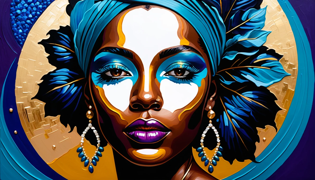 Serene black woman portrait with gold beads and hibiscus
