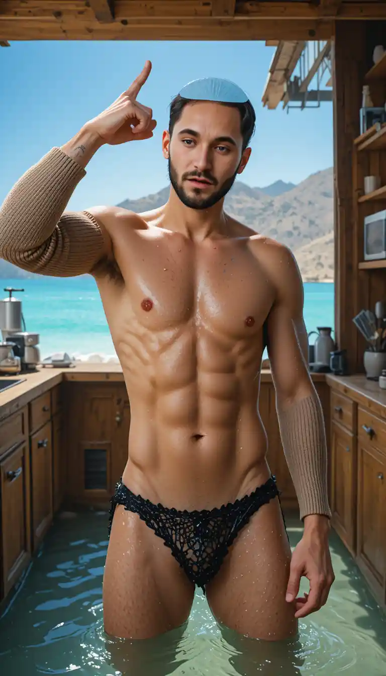 Shirtless muscular man posing confidently in turquoise ocean water
