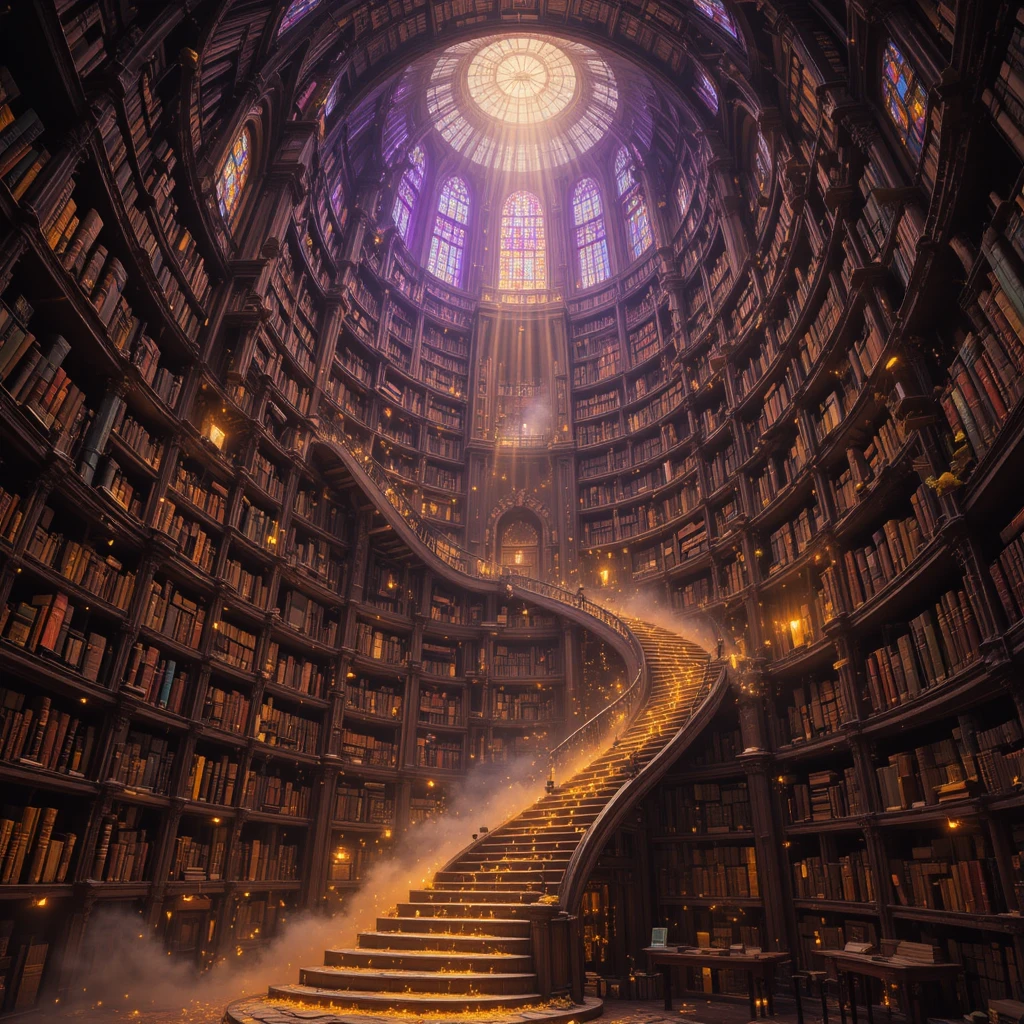 Endless fantasy library tower under a glowing violet sky