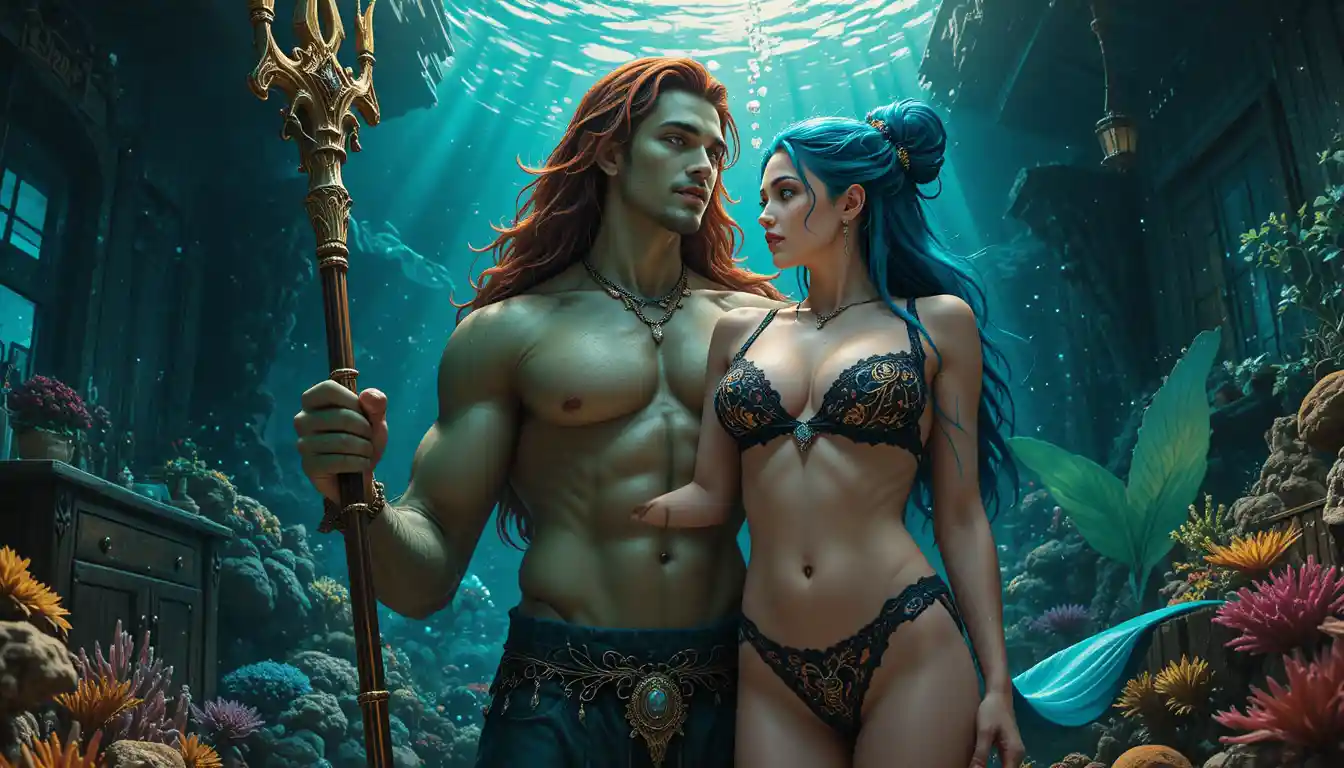 Merman and mermaid in a sunlit underwater coral realm