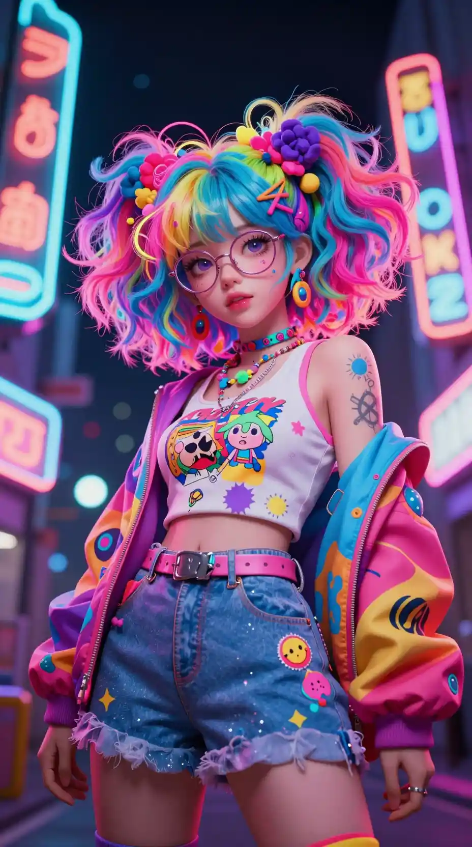Young woman in quirky psychedelic japanese inspired fashion