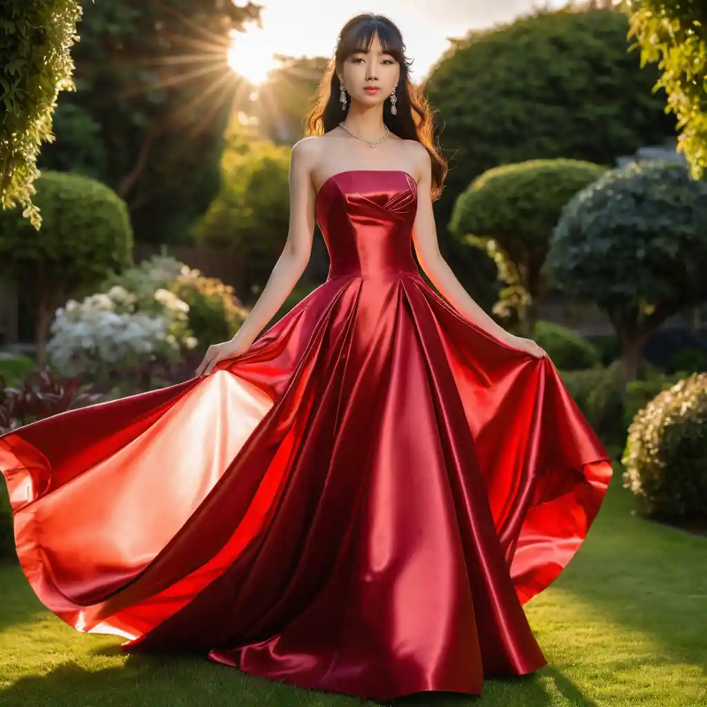 Young woman in red satin gown at sunset garden