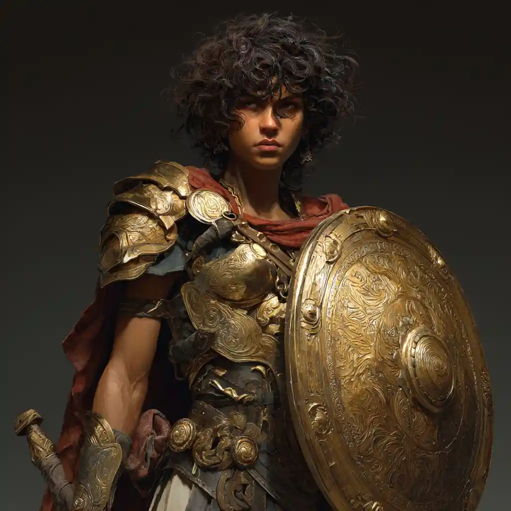 Athletic paladin woman in ancient greek style armor