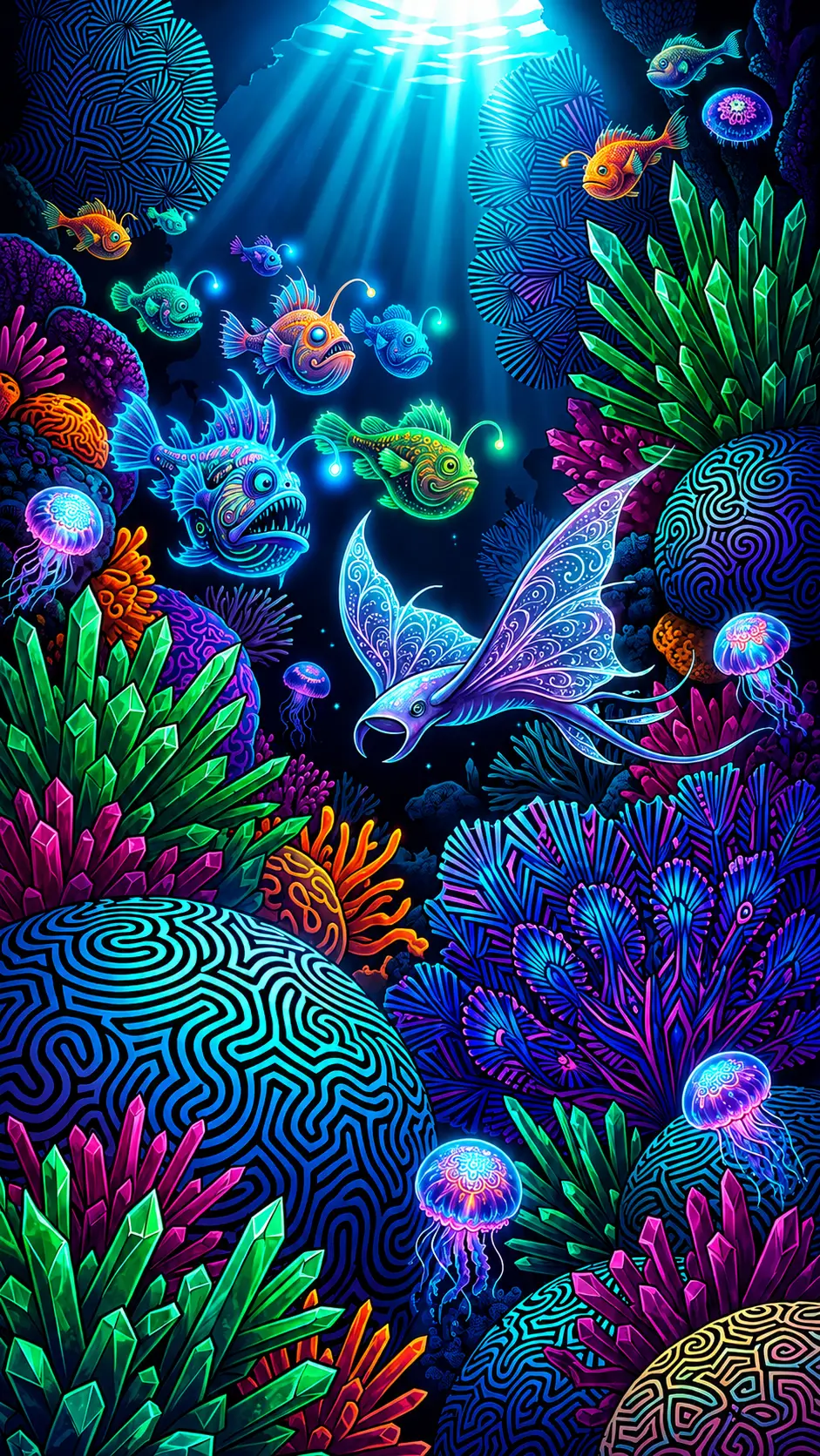 Bioluminescent Fish Over A Crystalline Coral Reef