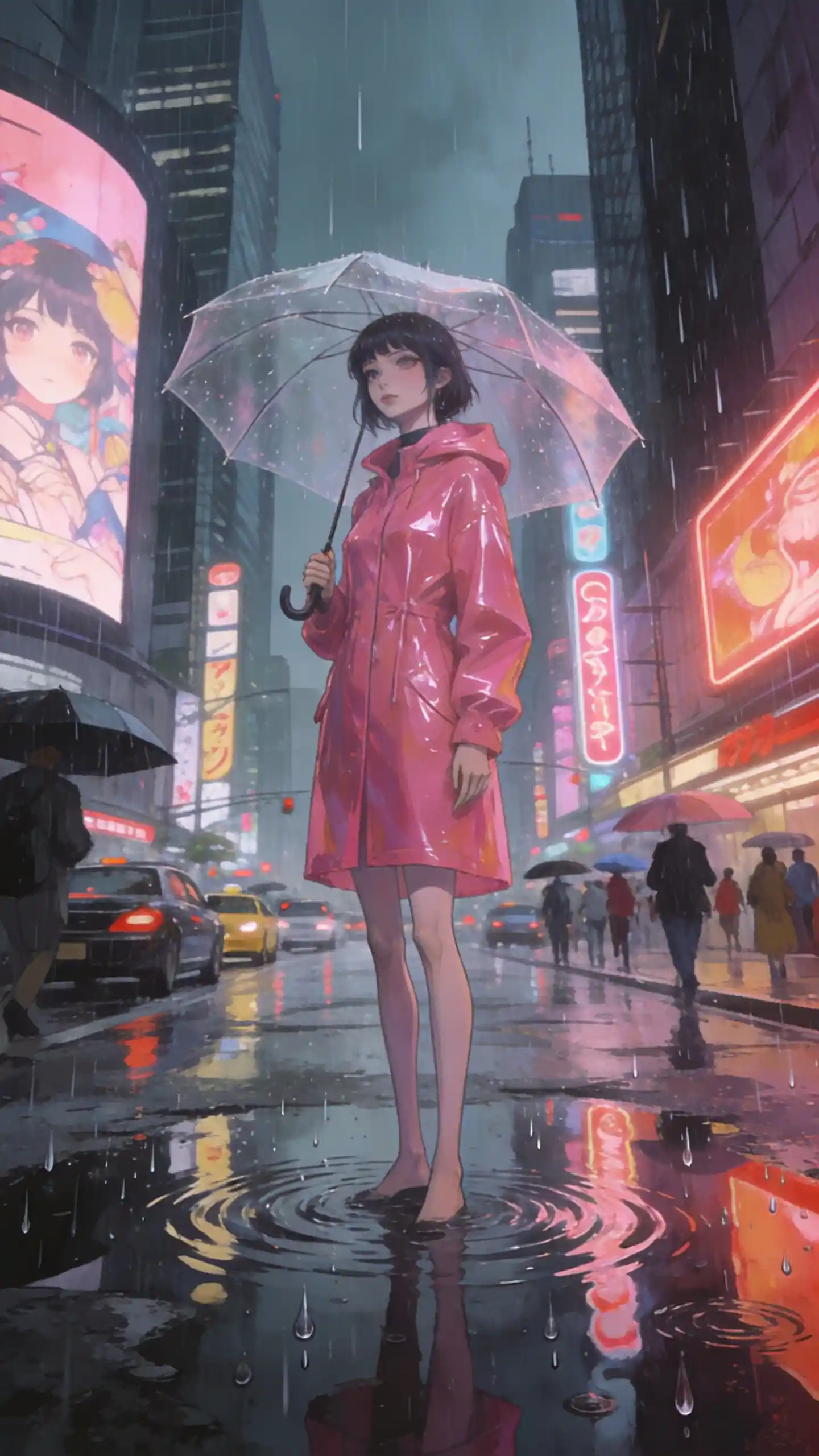 Young woman in pink raincoat on neon Tokyo street