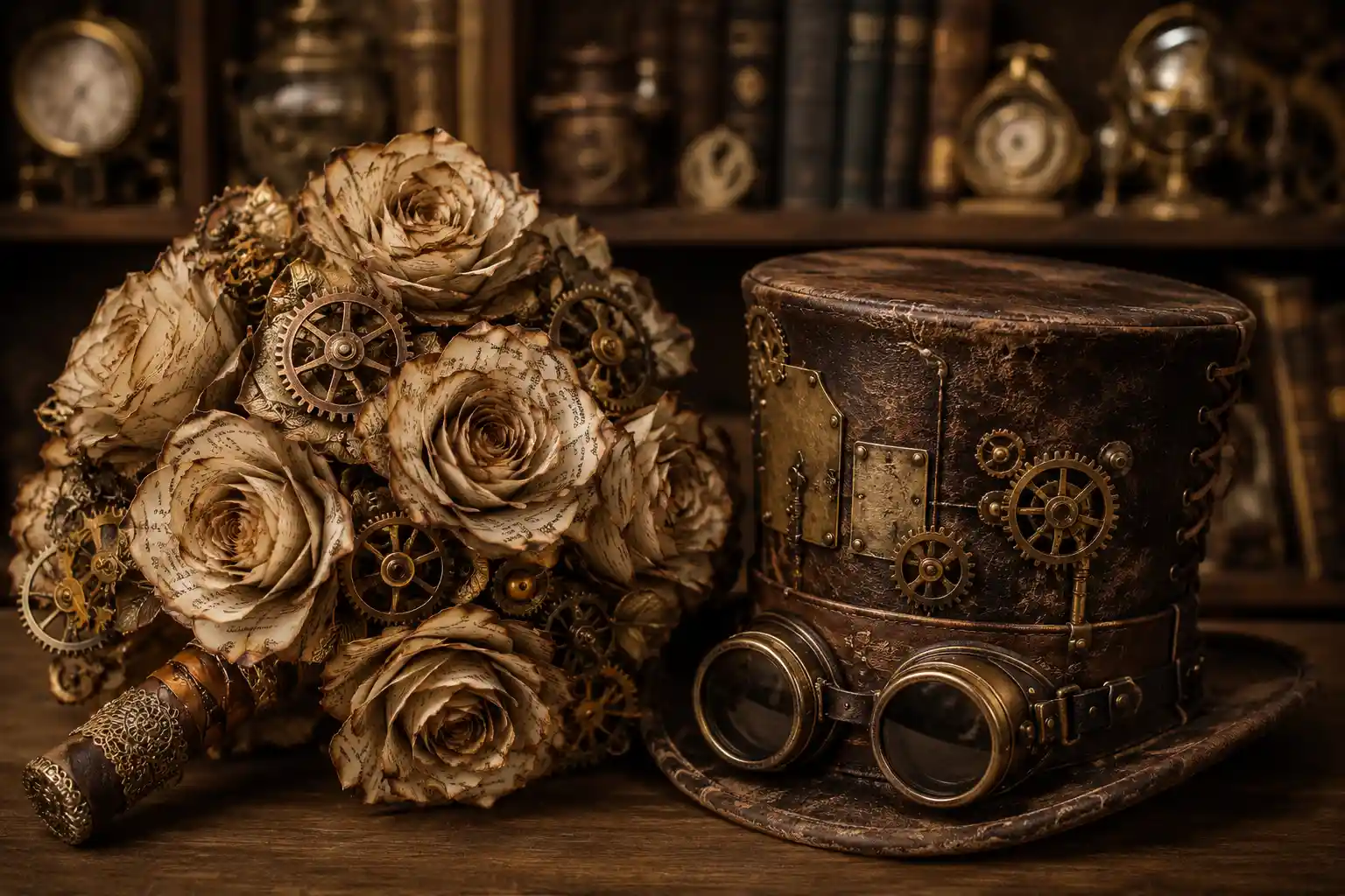 Steampunk Bridal Bouquet And Leather Top Hat Still Life