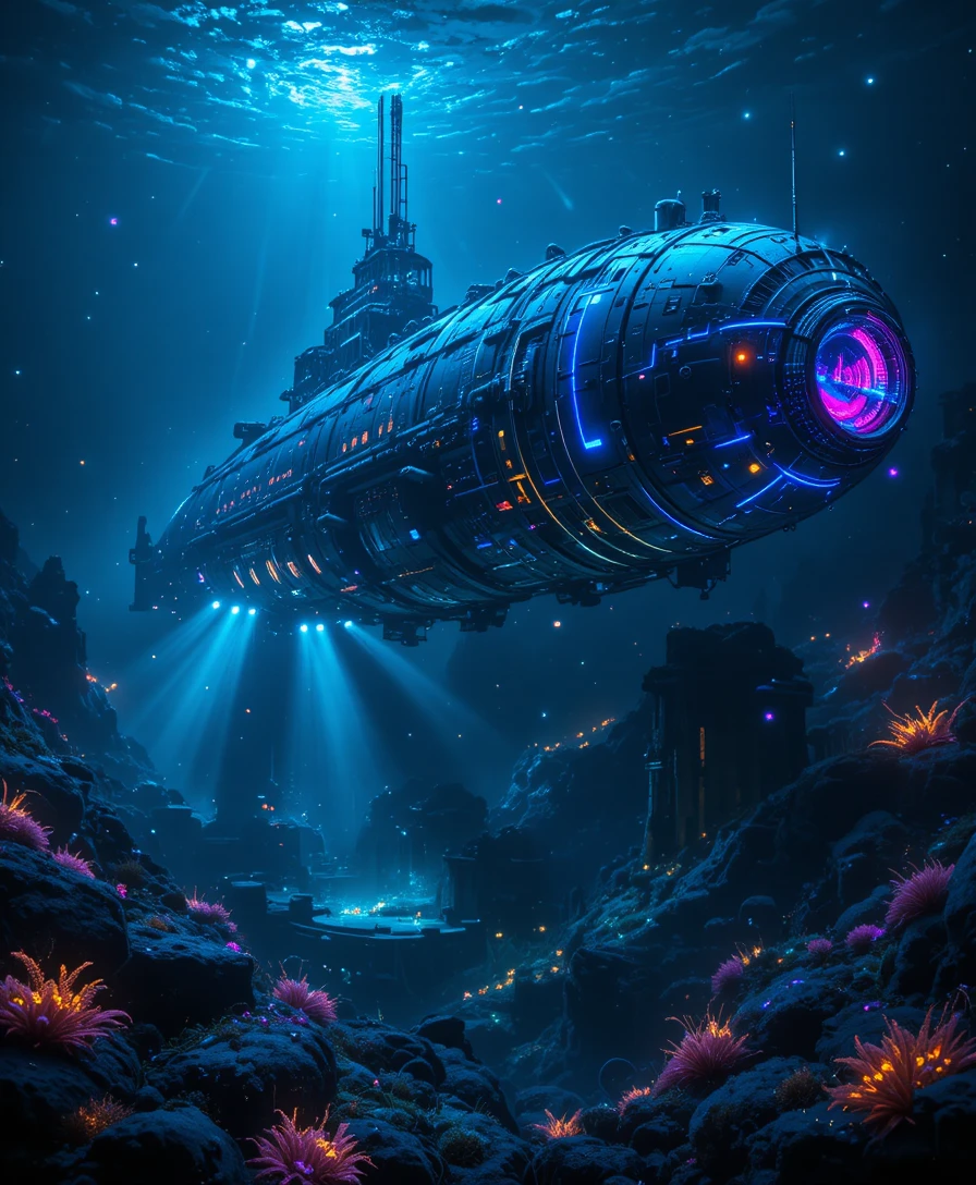 Futuristic submarine descending into glowing abyssal ruins