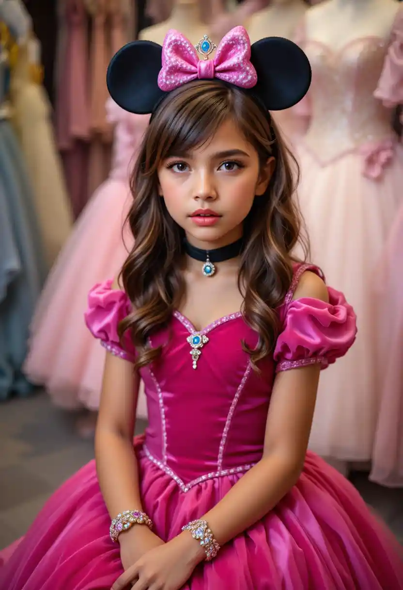 Nervous child in pink princess outfit with minnie mouse ears