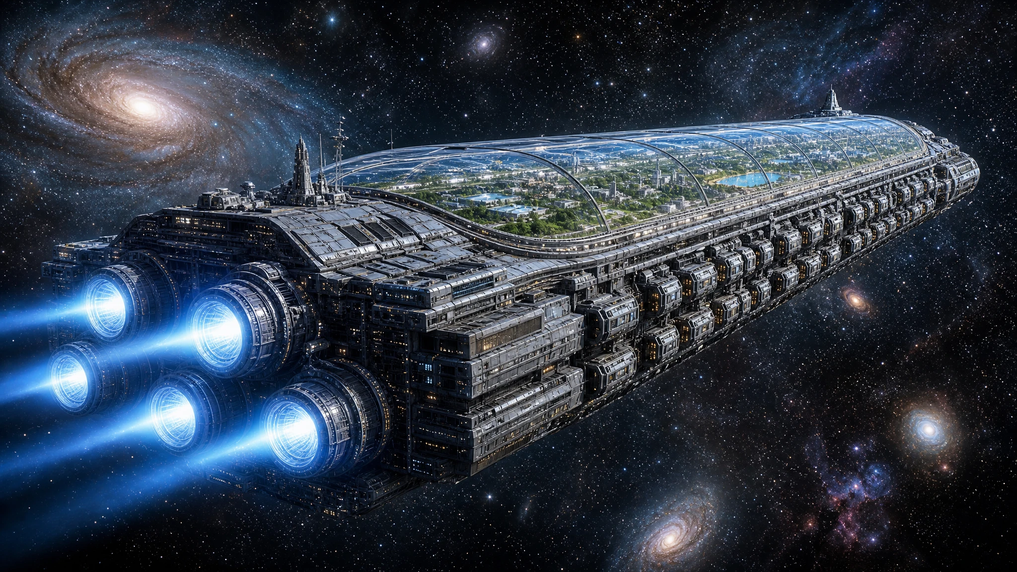 Massive generational starship with domed habitat in deep space