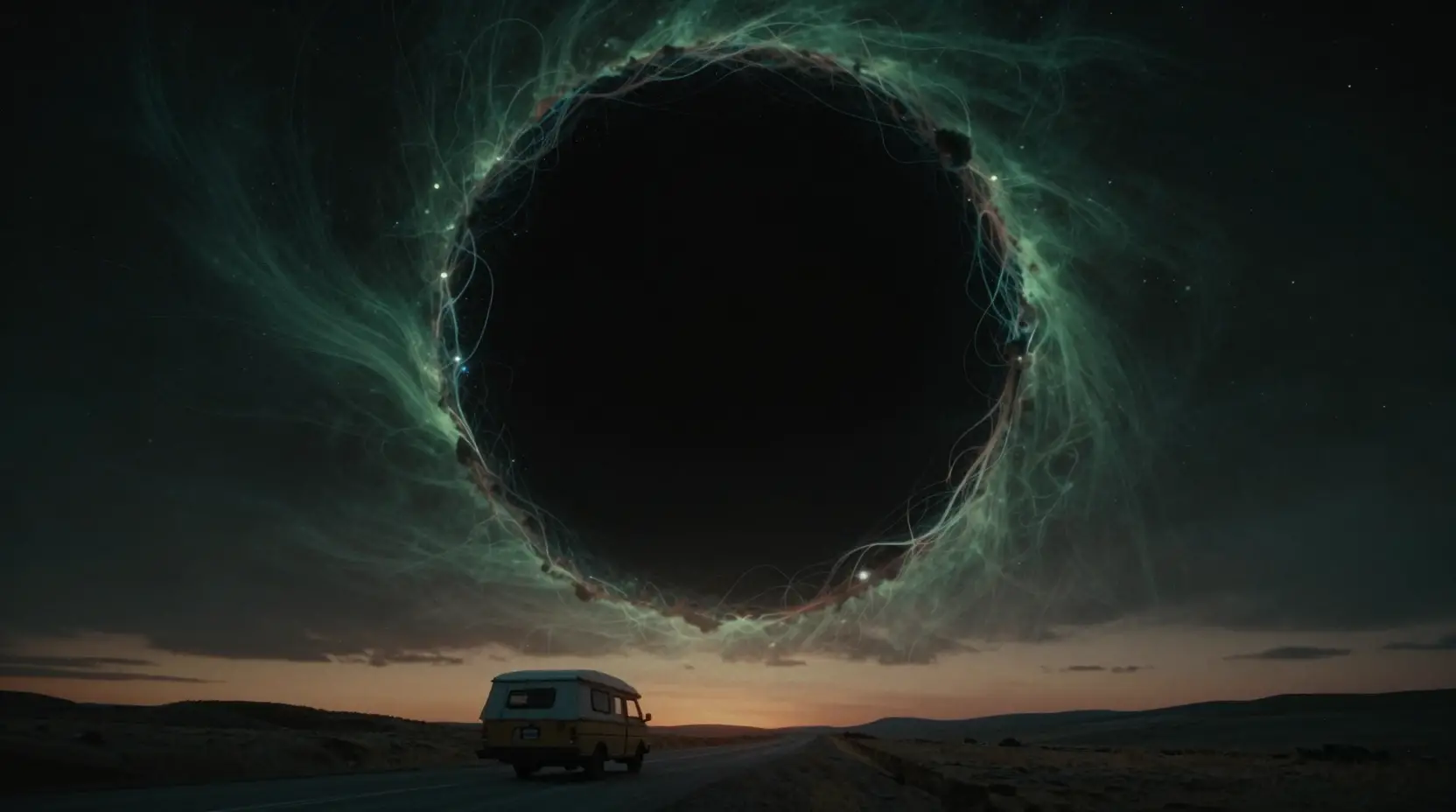 Cosmic horror poster with glowing black circle in space