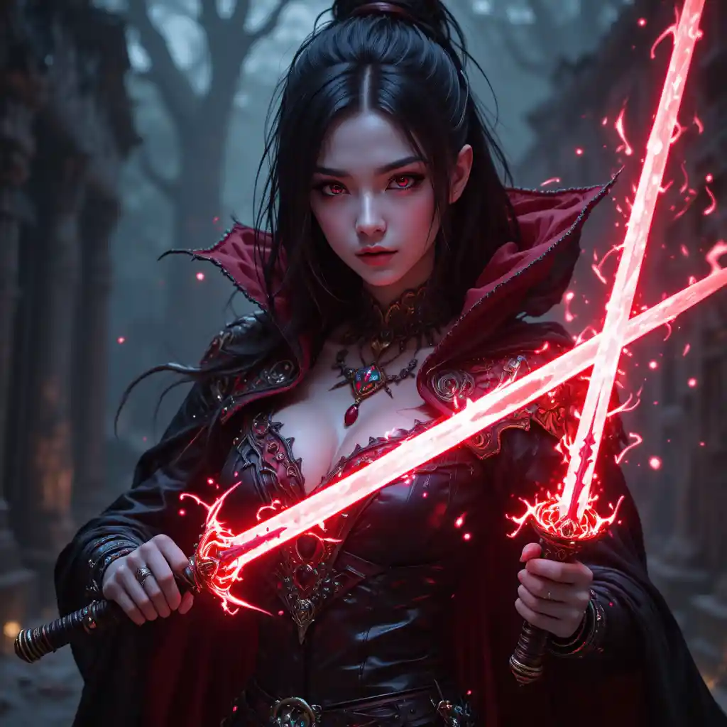 Vampire rogue woman with glowing magical daggers
