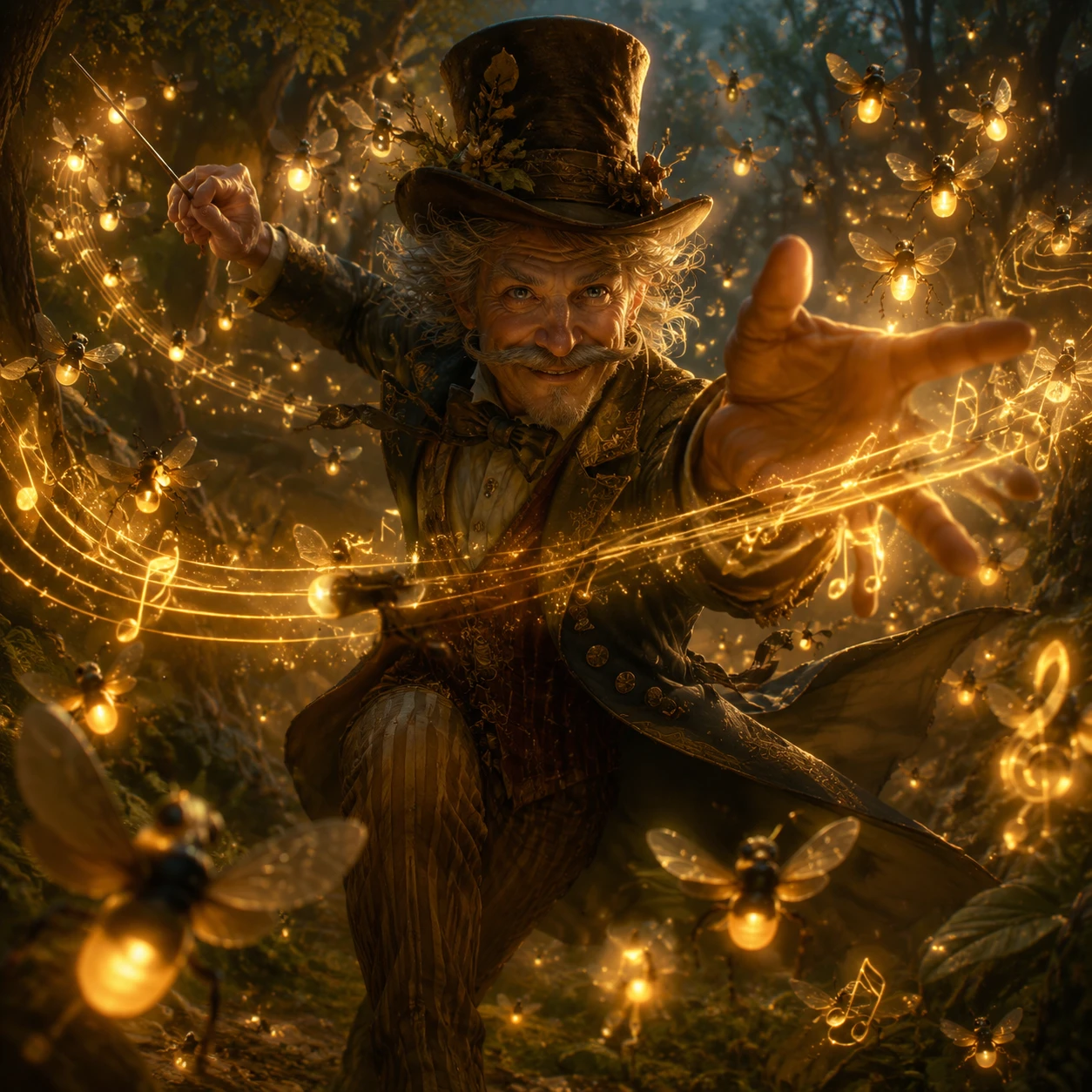 Músico de fantasía dirigiendo una orquesta de luciérnagas brillantes al anochecer