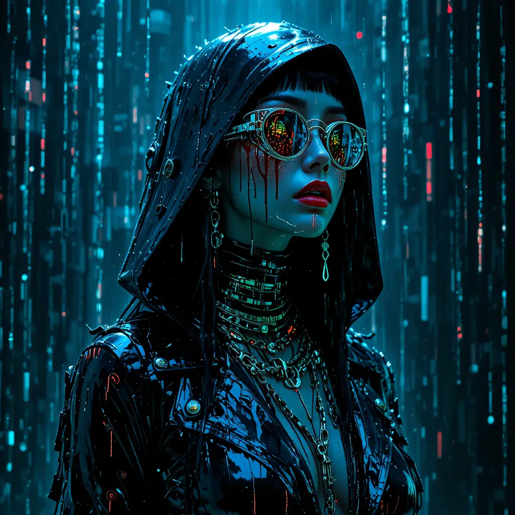 Cyber-Noir-Frau in einer glitschenden digitalen Realität