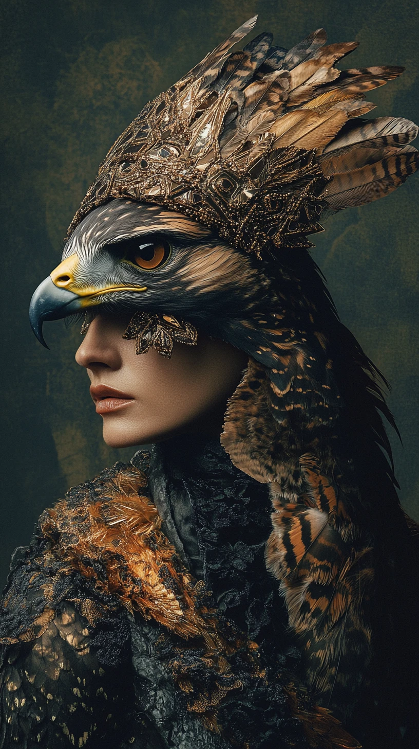 High fashion figure posing with a stylized hawk companion
