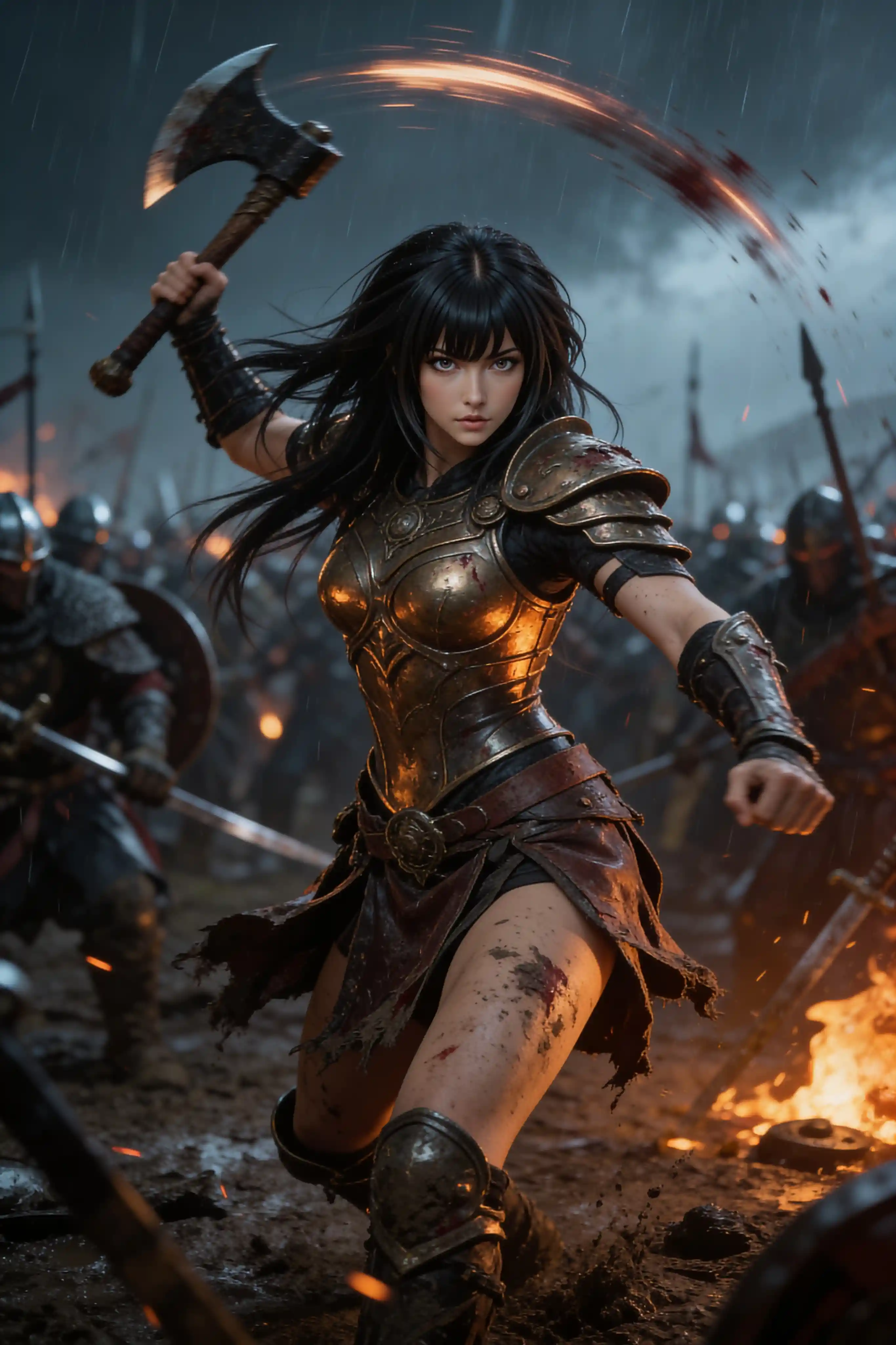 Battle hardened warrior woman strikes amid muddy battlefield