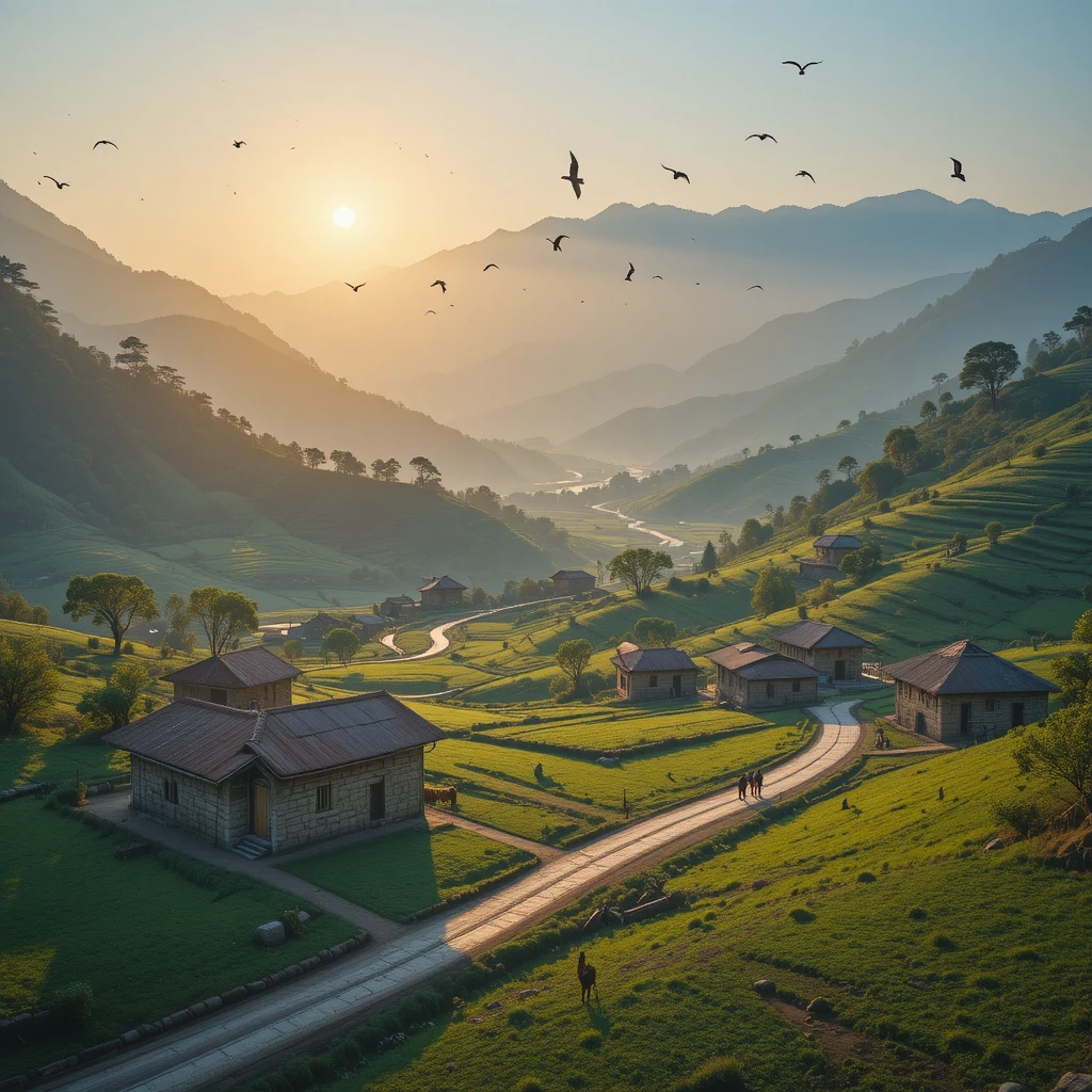 Sunrise Over Terraced Fields In A Nepali Mountain Village