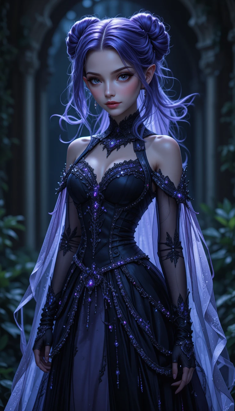 Dark fairy elf girl with violet hair and black wings