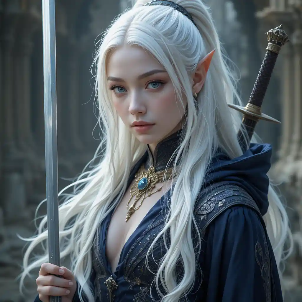 Elegant elf duelist woman with rapier and sapphire eyes