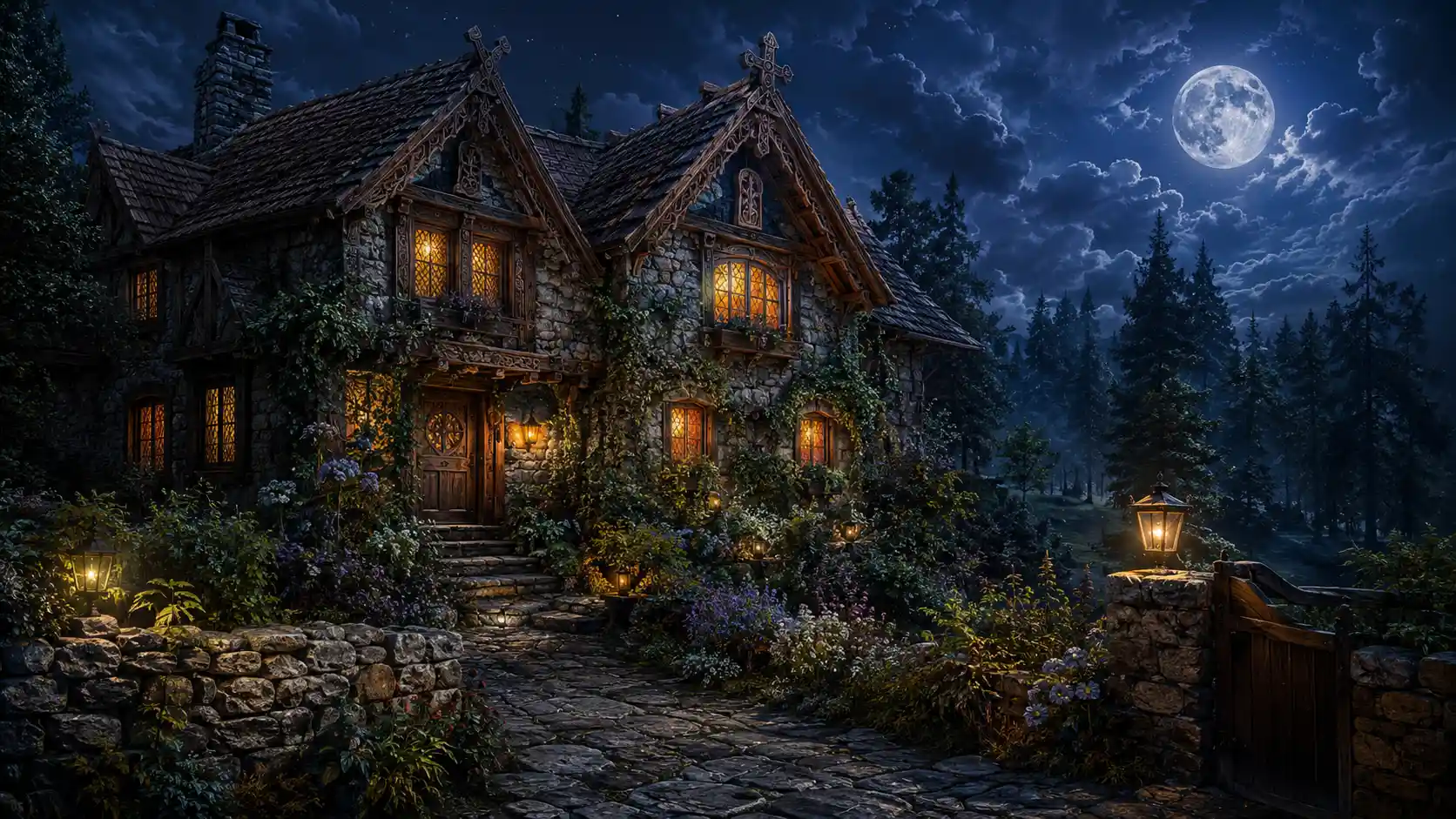 Nighttime stone house with garden in a fantasy forest
