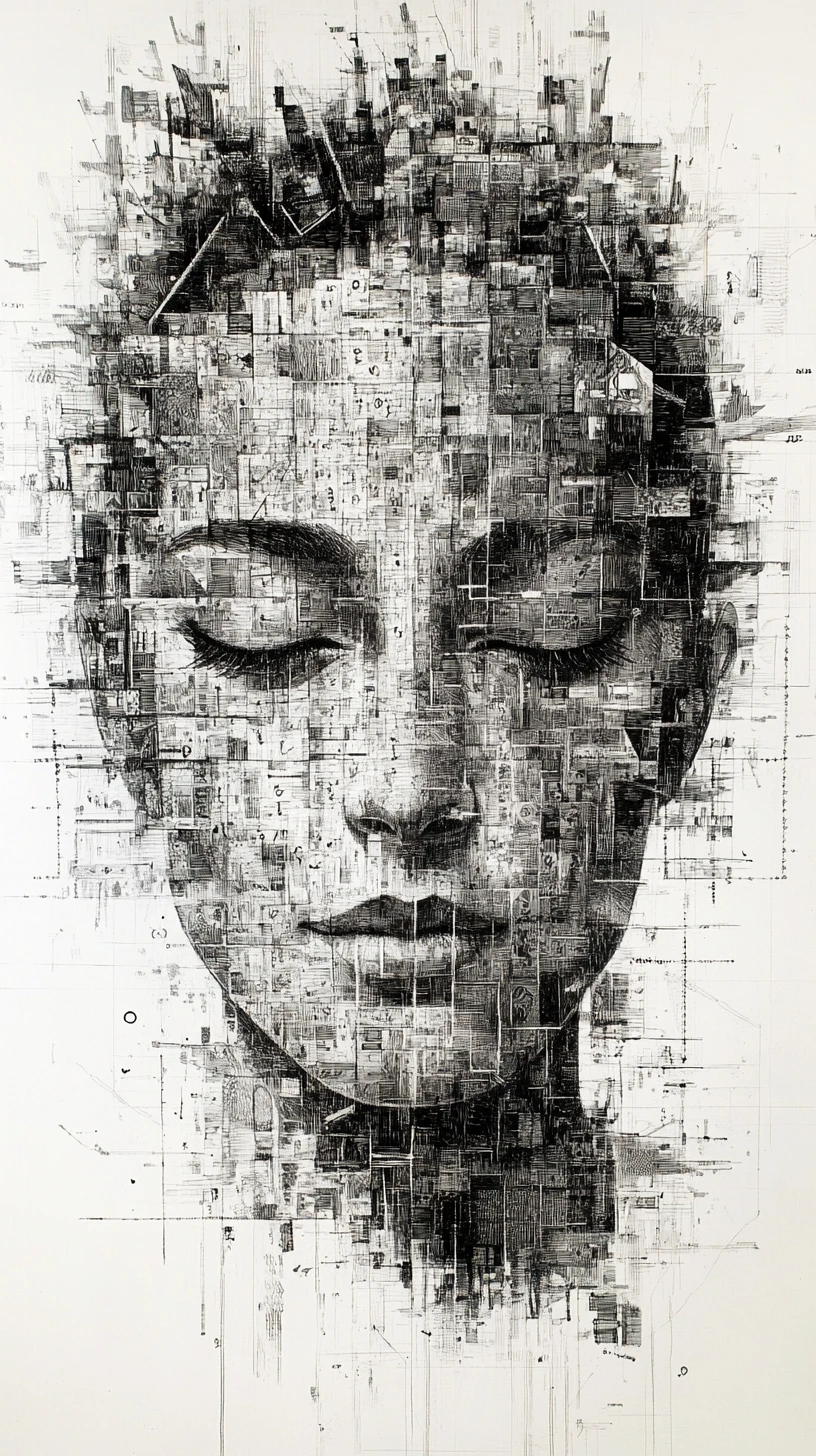 Surreal human face emerging from ordered numerical chaos