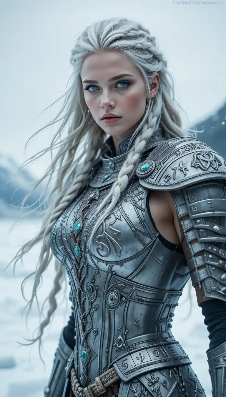 Scandinavian warrior woman on a frozen snow swept fjord