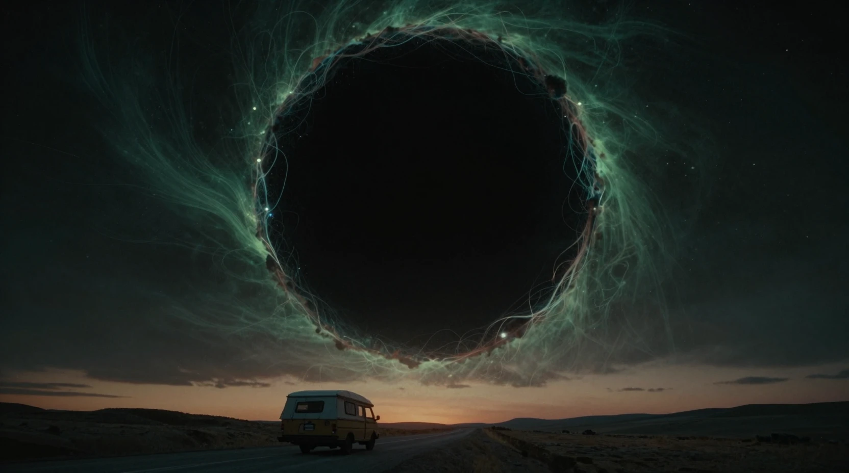 Cosmic horror poster with glowing black circle in space