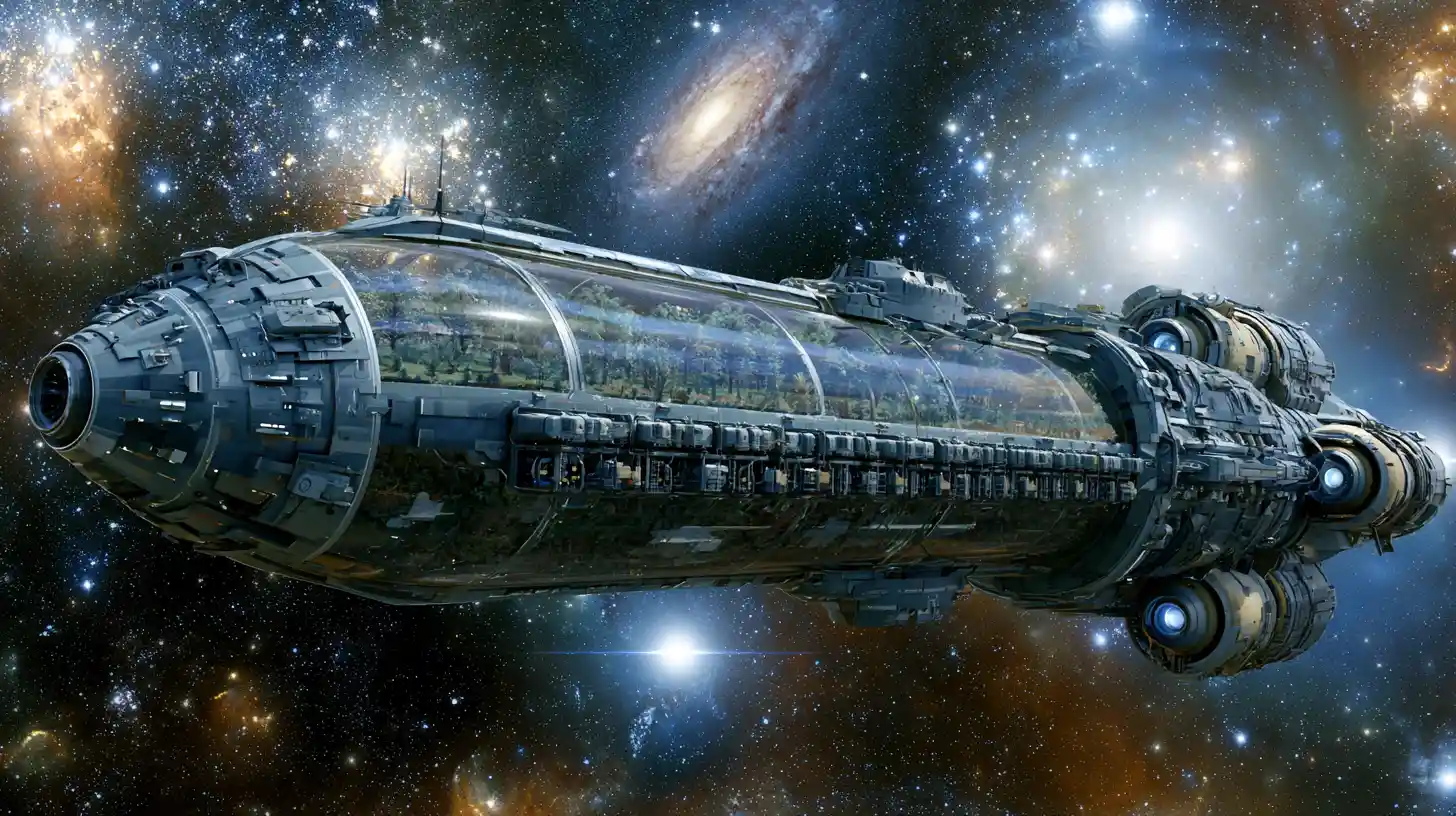 Gigantic generational spaceship cruising through deep outer space