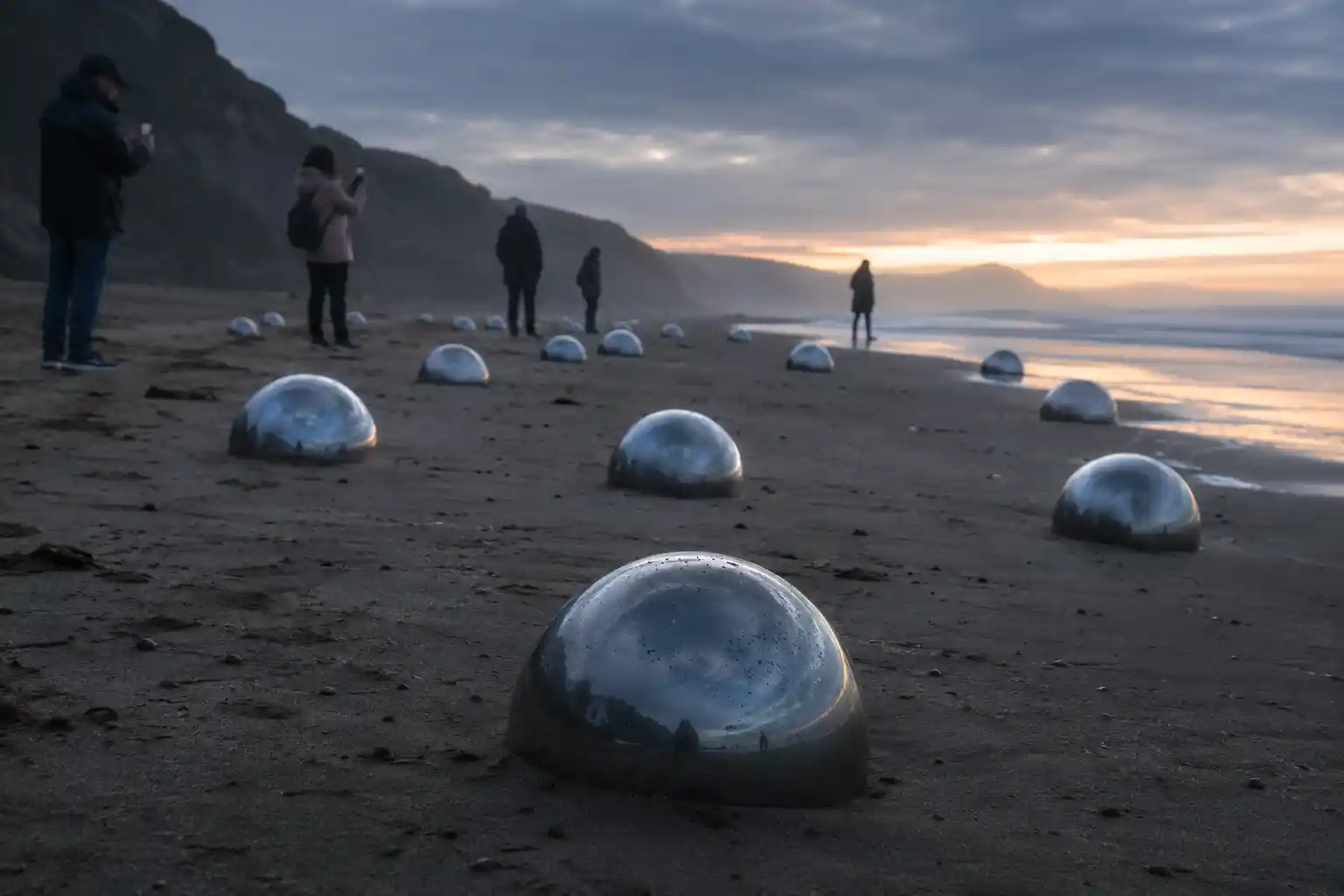 Silver spheres scattered on a beach at first light