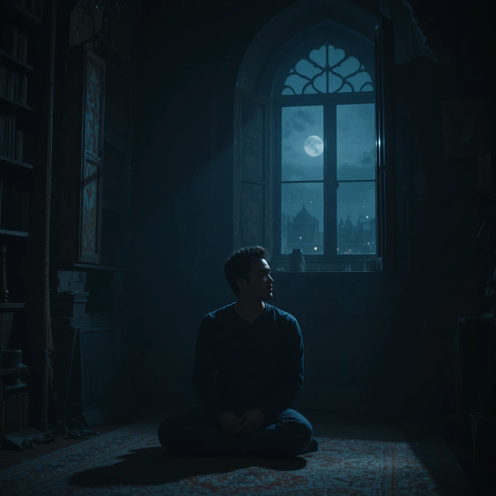 Young man in moonlit room with thoughtful regretful expression