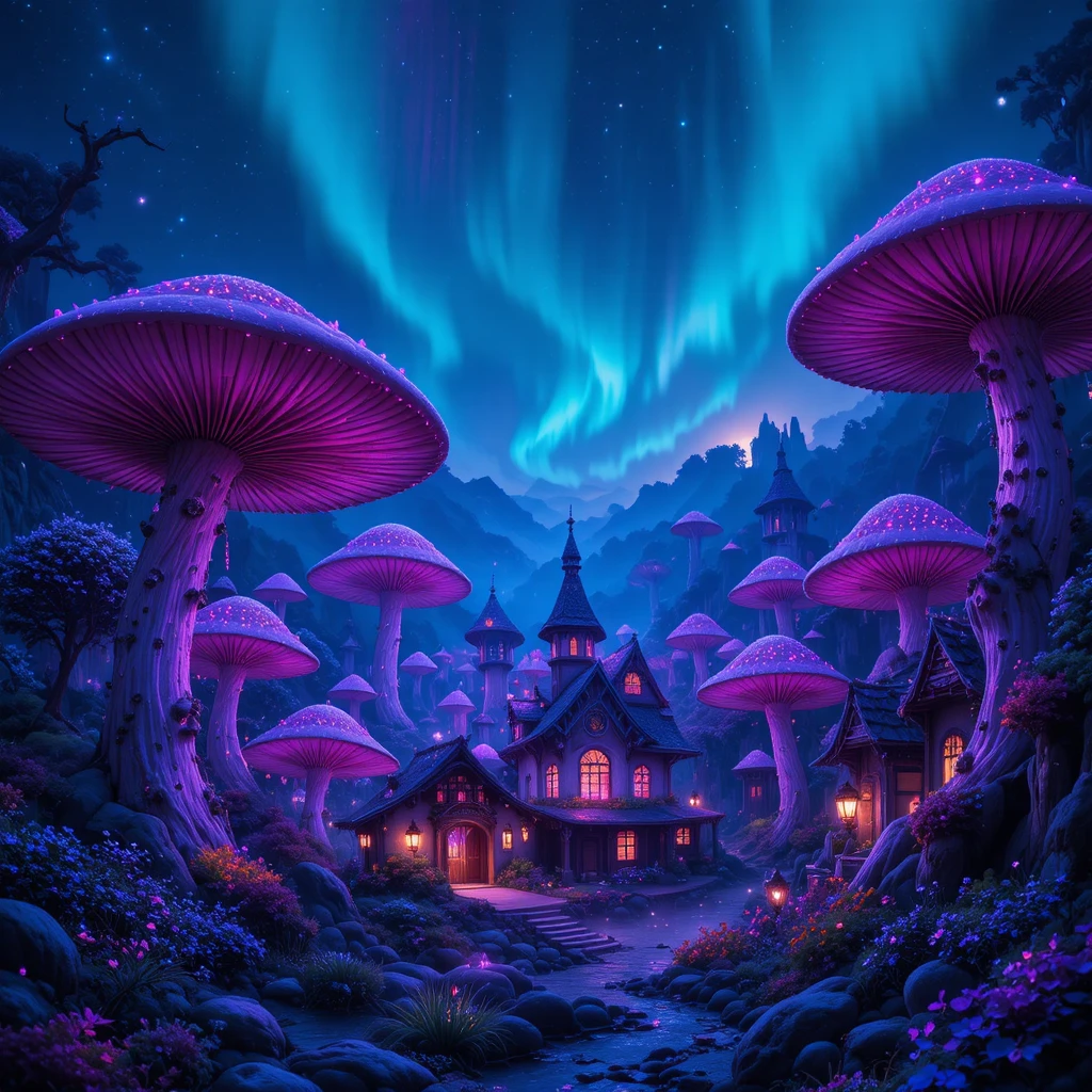 Enchanted village among glowing giant mushrooms at night