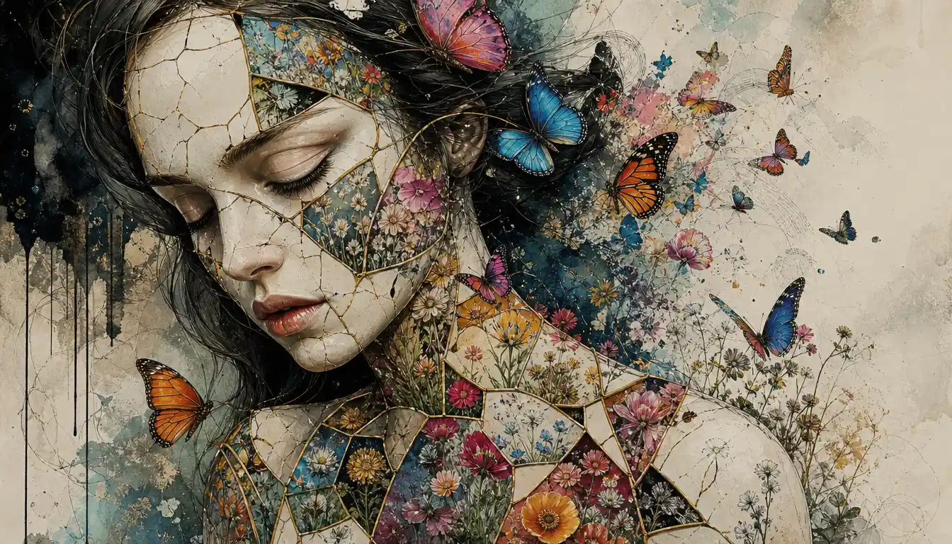 Surreal woman with cracked porcelain skin revealing inner wildflower garden