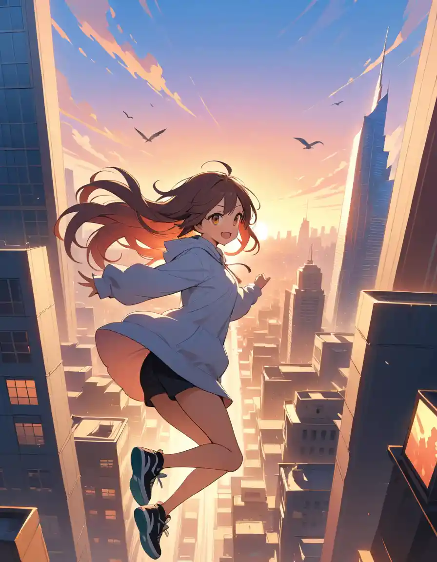 Athletic anime woman leaping between city rooftops at sunset