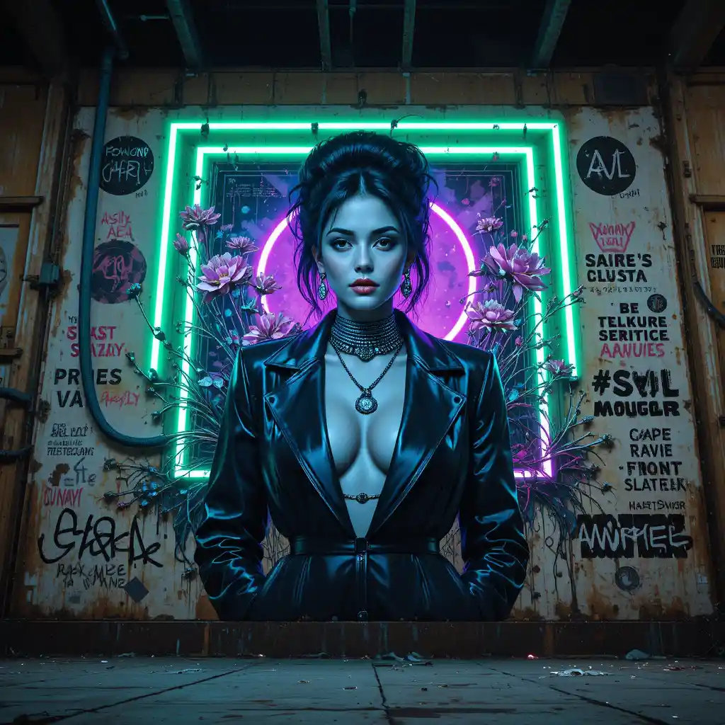 Neon fashion icon on decayed industrial propaganda wall
