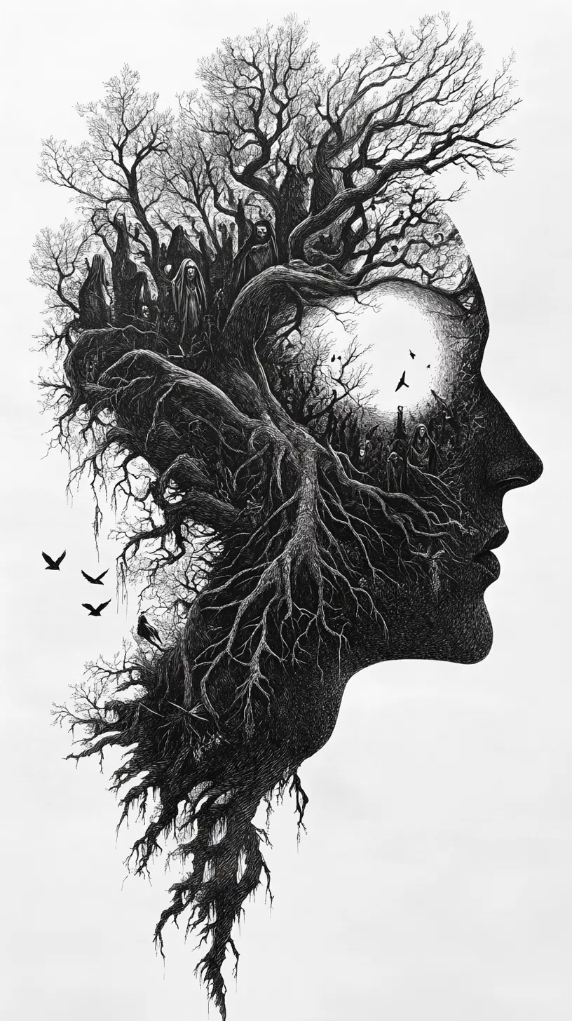 Silhouette di Profilo Umano Colma di Antichi Spiriti della Foresta