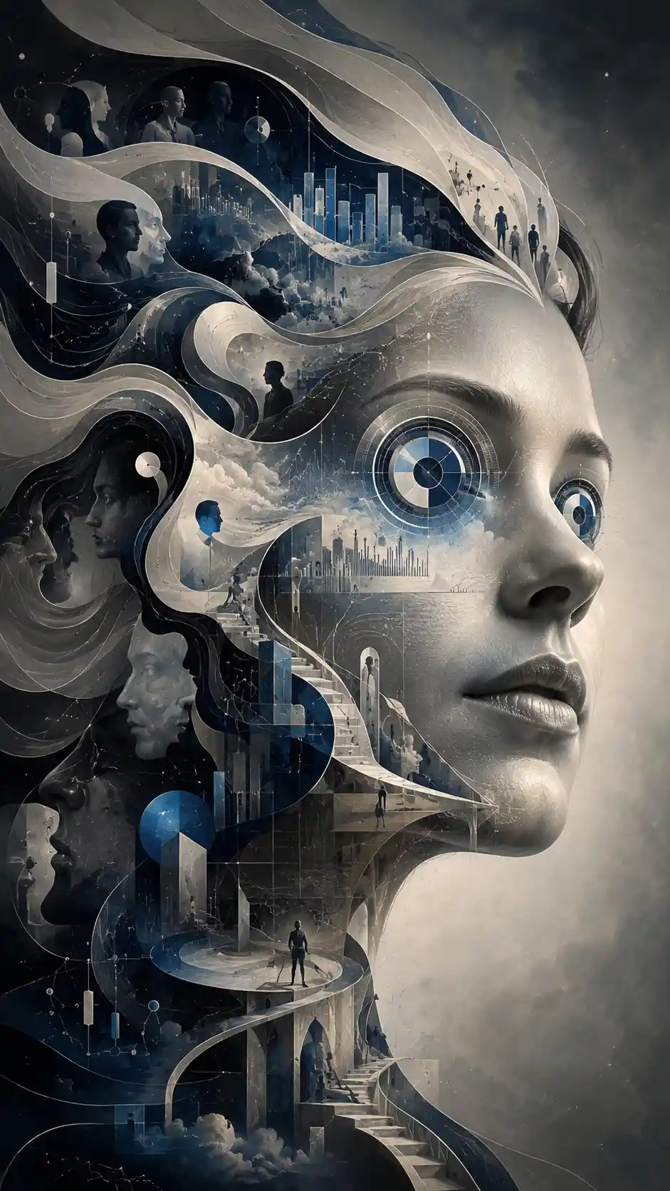 Surreal portrait merging executive dashboards with human face