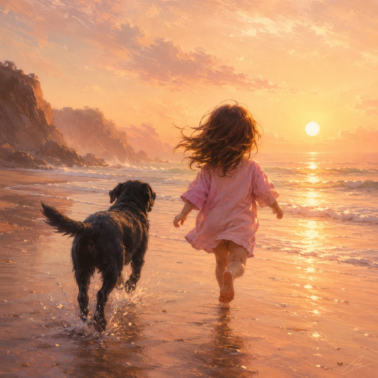 Little girl and dog running into the sunset sea
