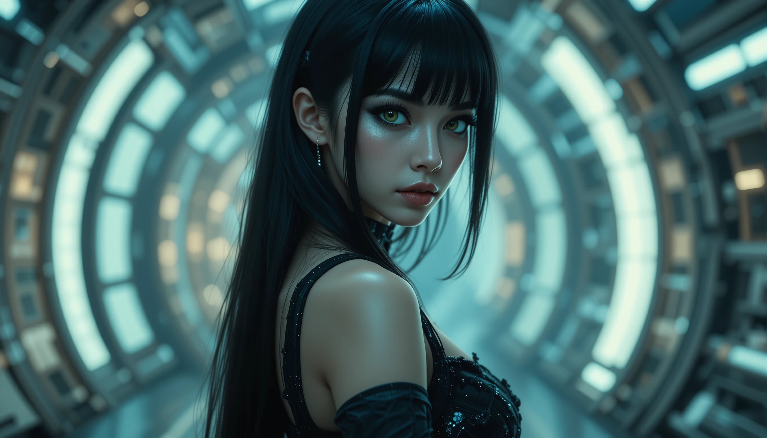 Femme fatale with green eyes in a futuristic space scene