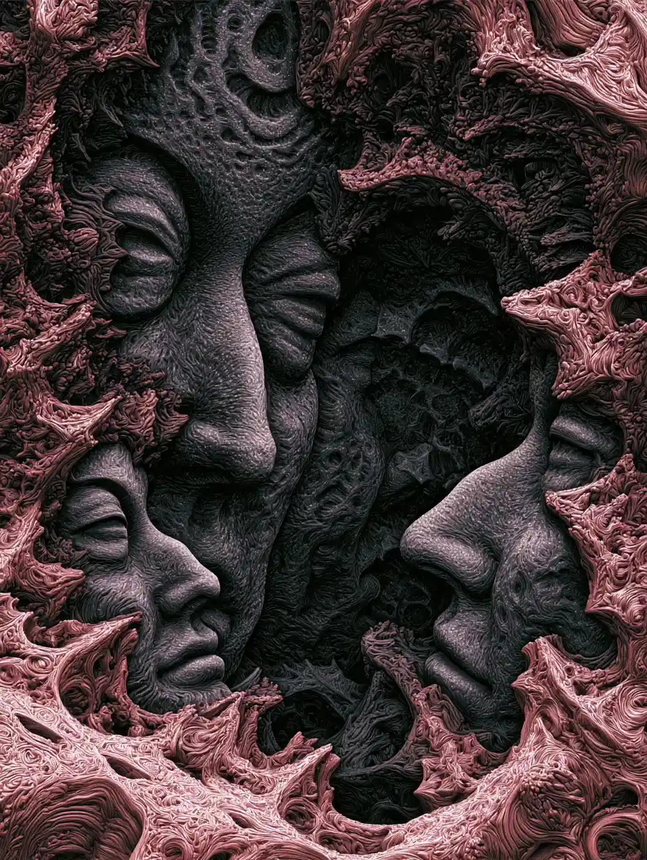 Colossal surreal human forms rising from a luminous mire