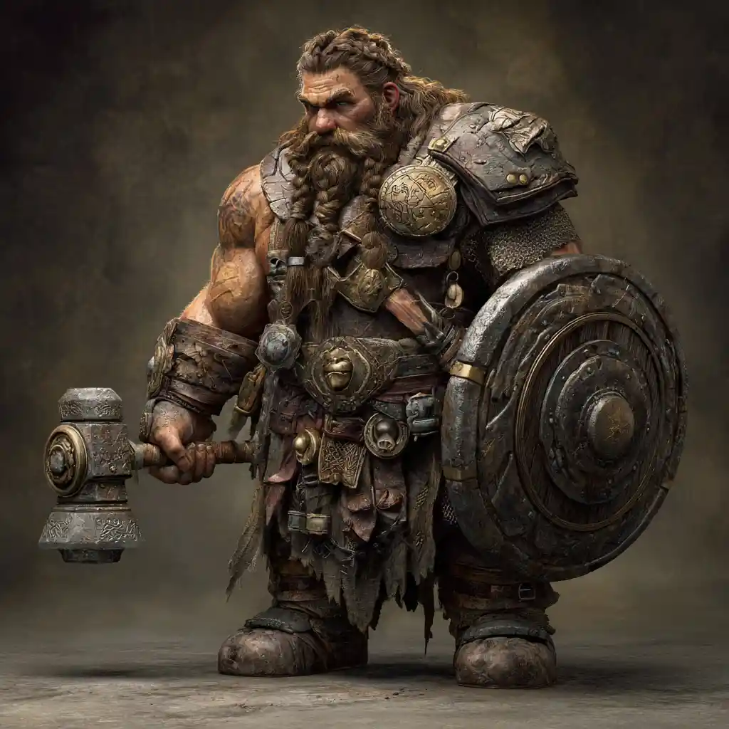 Battle hardened dwarf warrior with shield and war hammer