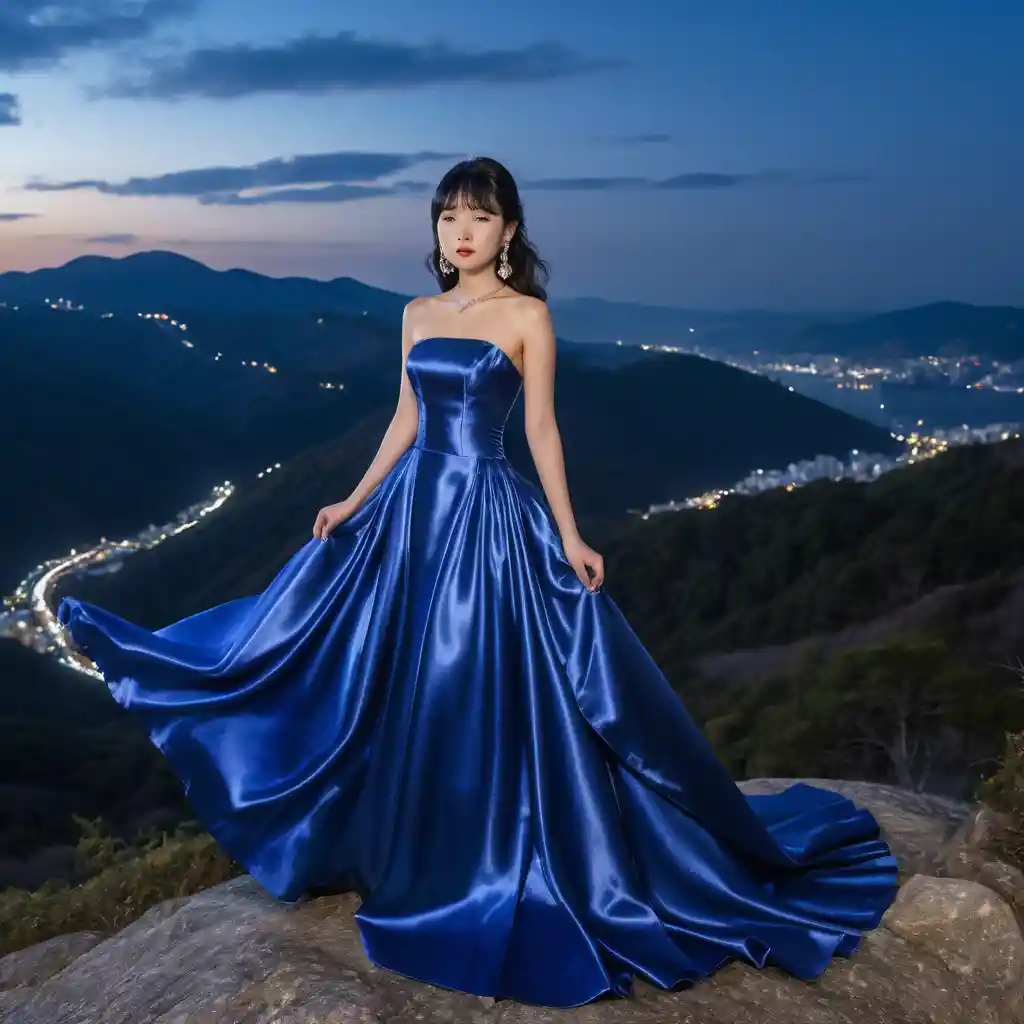 Elegant girl in blue satin gown on night mountain