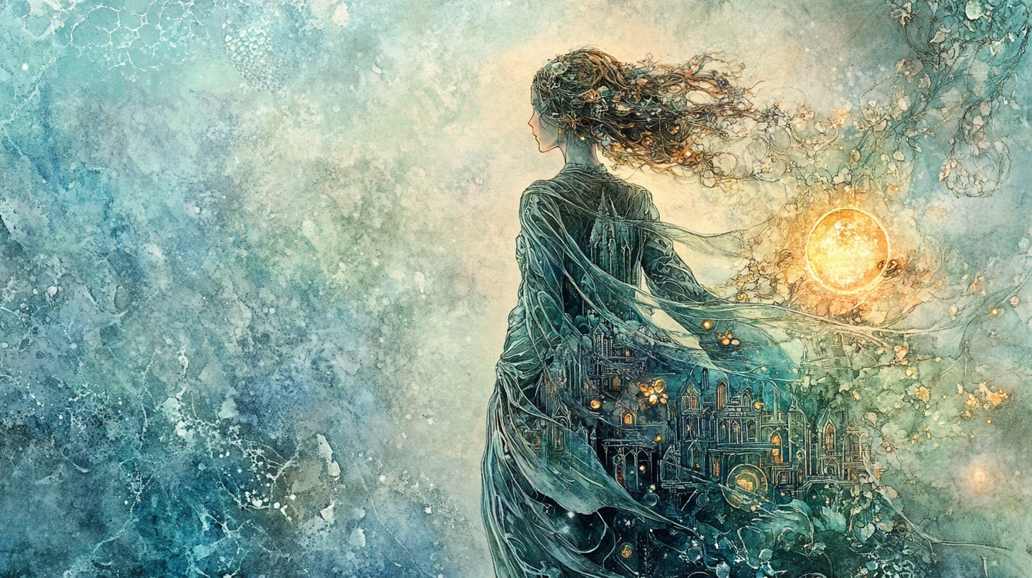 Mystical figure scattering glowing world filled seeds