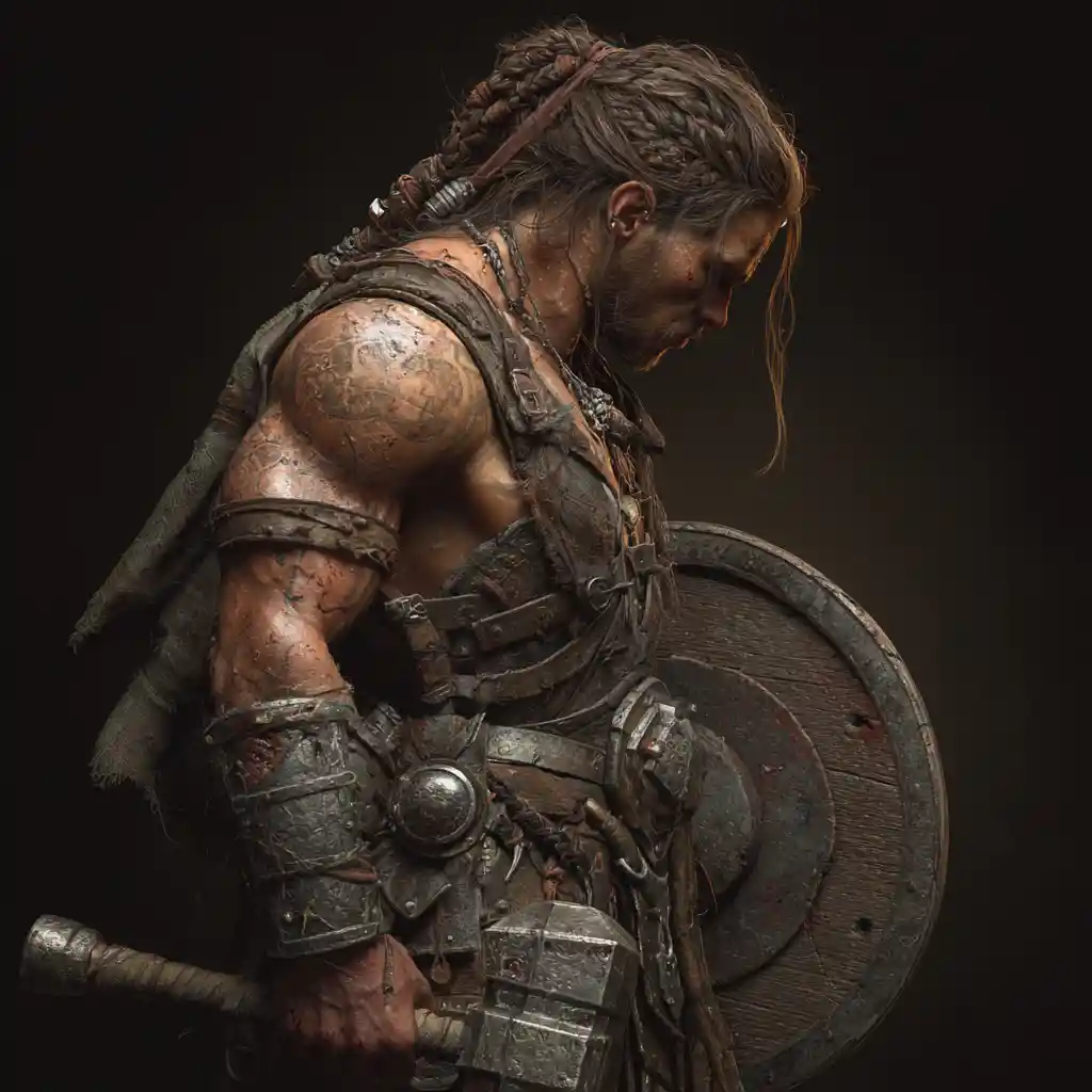 Battle hardened dwarf warrior with shield and war hammer