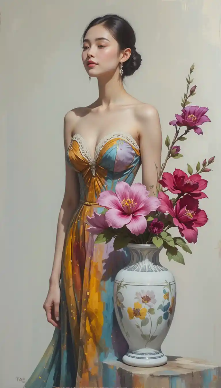 Young woman with magnolias in elegant acrylic oil painting