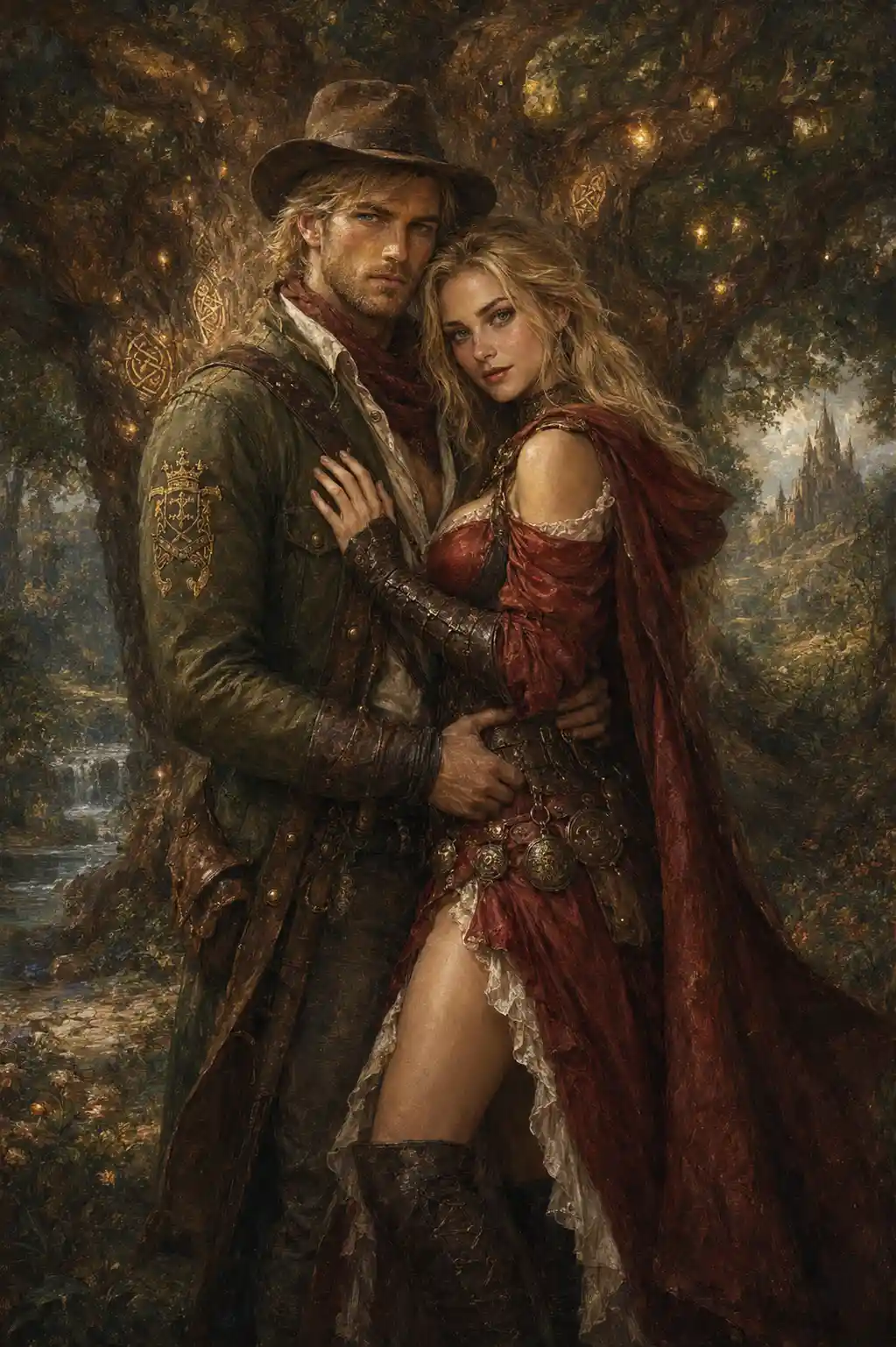 Renaissance lovers embracing before a magical forest tree
