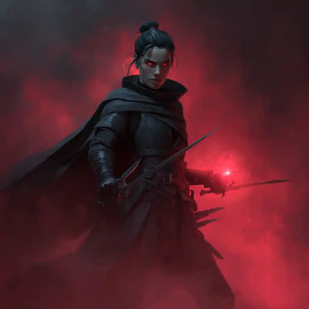 Vampire rogue woman with glowing magical daggers