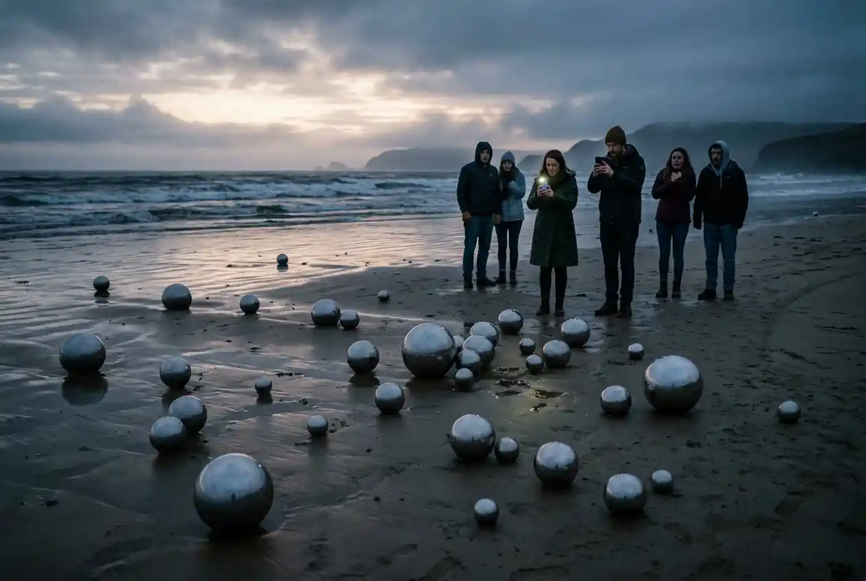 Silver spheres scattered on a beach at first light