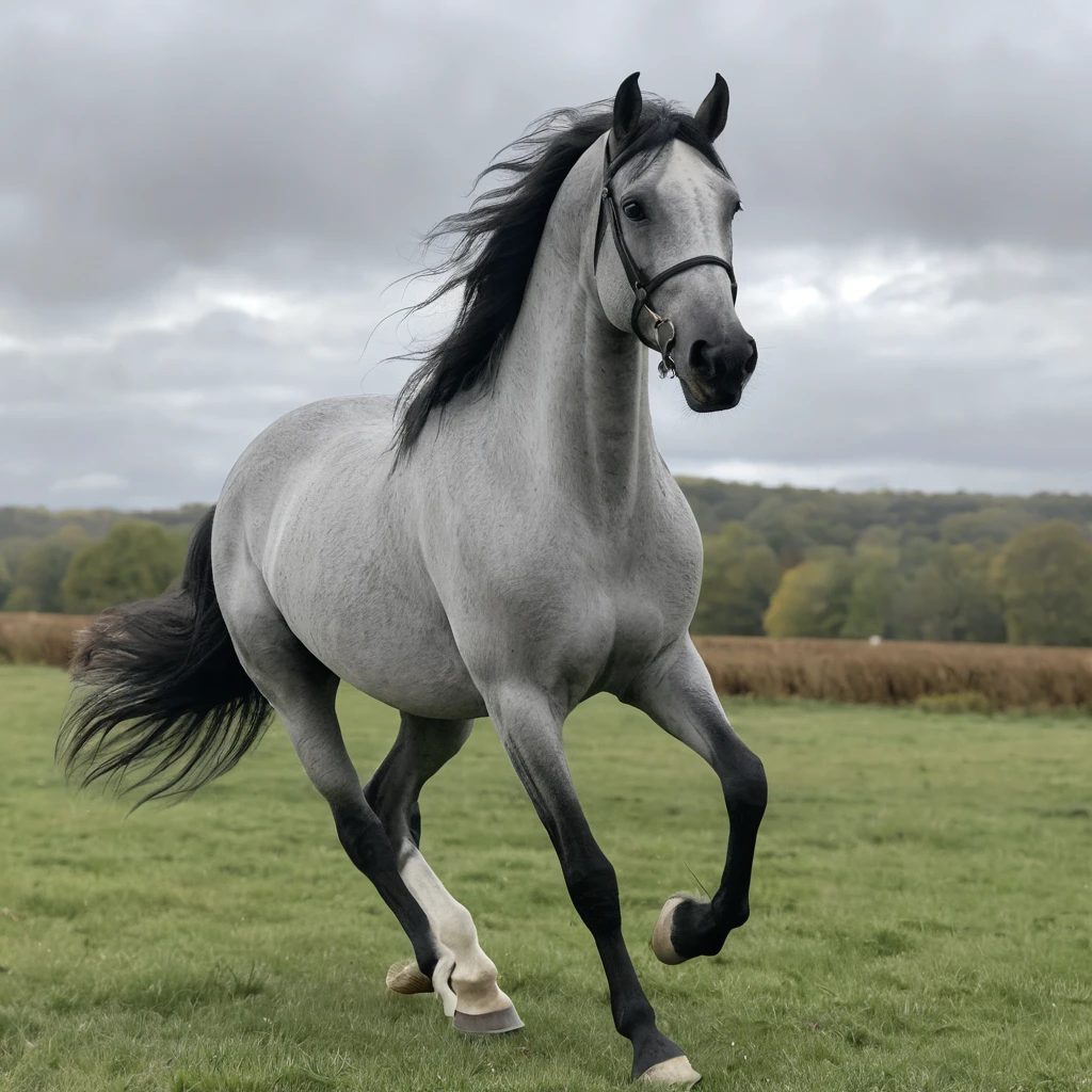 Grey horse trotting through a field under cloudy skies