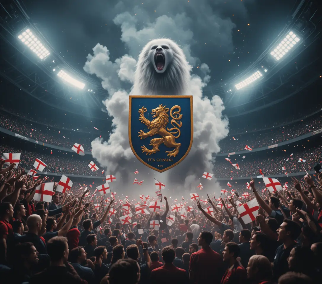 Roaring white lion above England fans in stadium