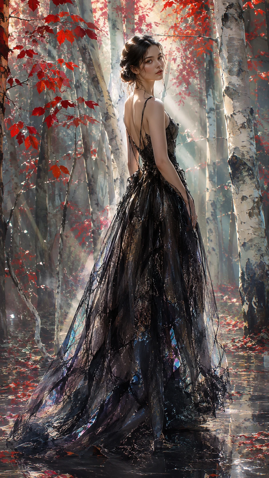 Young woman in black dress in a ghostly red forest